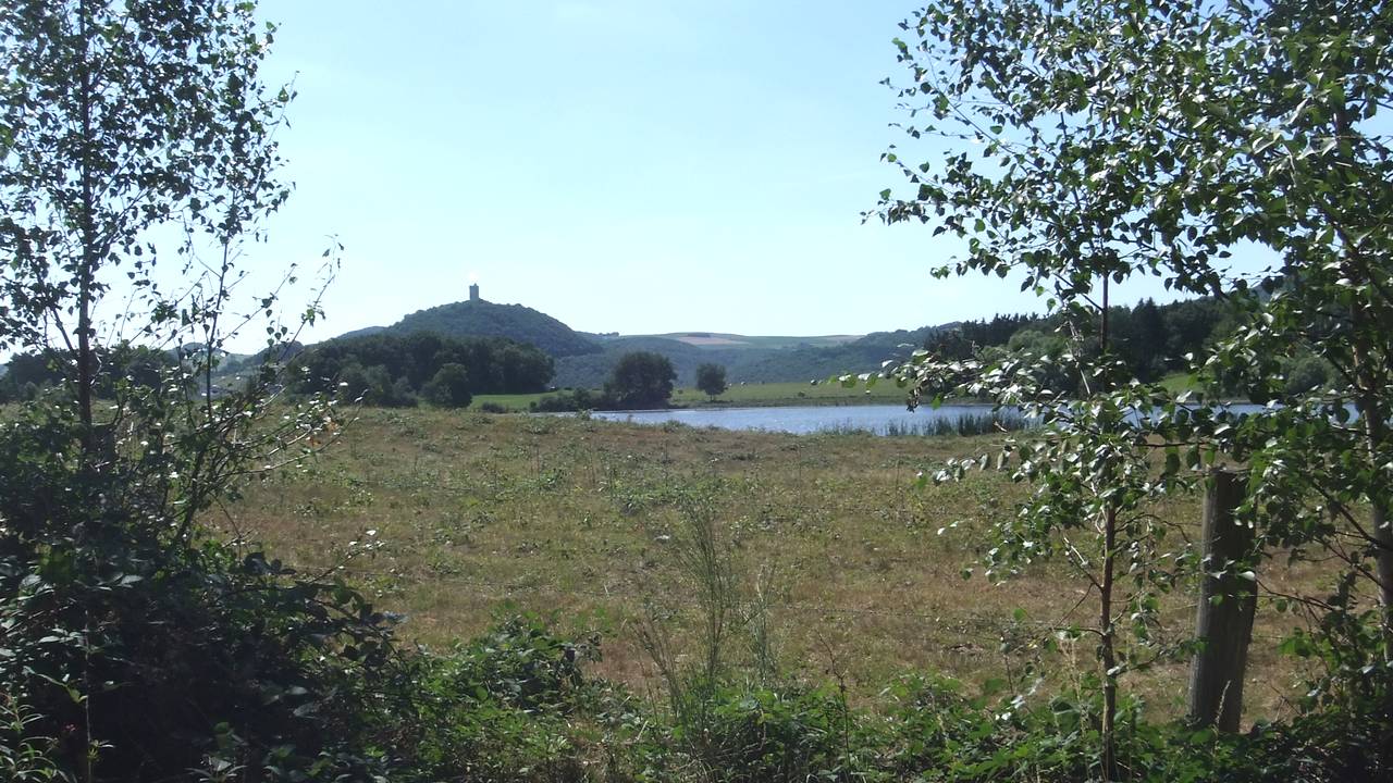 Bild 6: Ein typischer Eifelblick übers Maar zum Bergfried Burg Olbrück