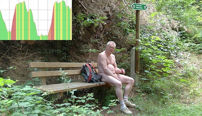 Ein langer Anstieg erfordert eine kleine Pause. Links im Bild das Höhenprofil der Wanderung zu sehen.