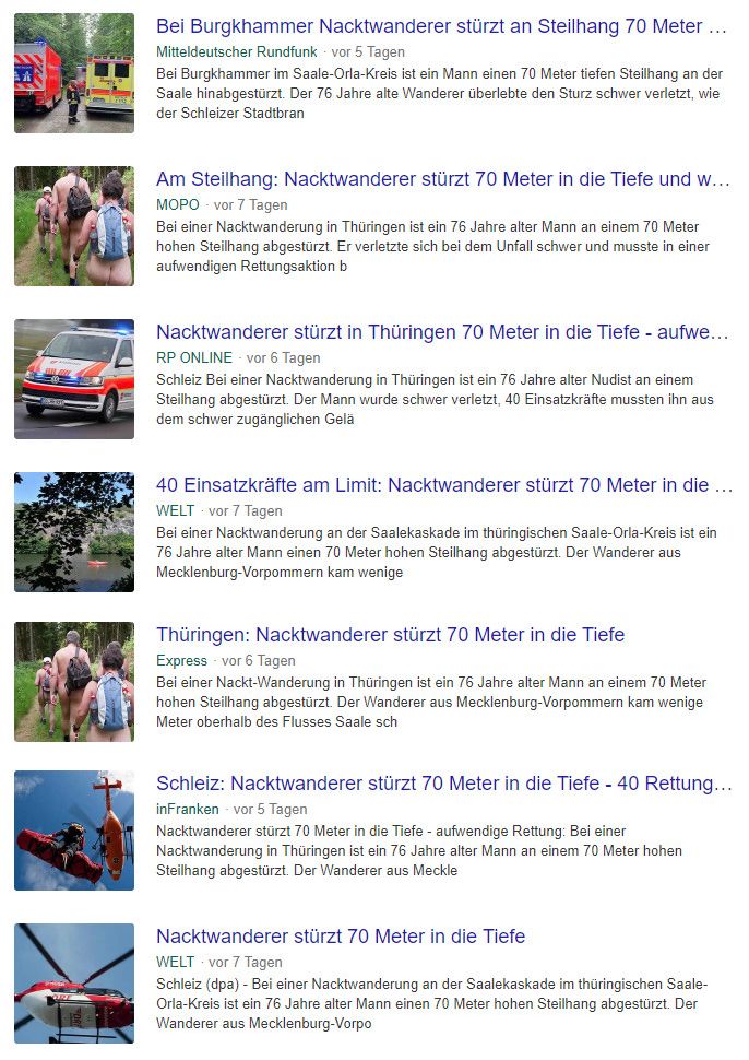 Die Nachricht vom abgestürzten Nacktwanderer lief quer durch die gesamte deutsche Presse