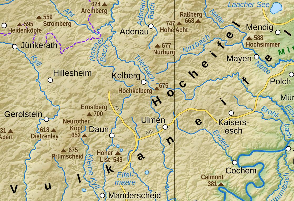 Die Vulkaneifel erstreckt sich von Südwest nach Nordost in einen leichten Bogen über die Eifelmaare bis zum Laacher See (1|6)
