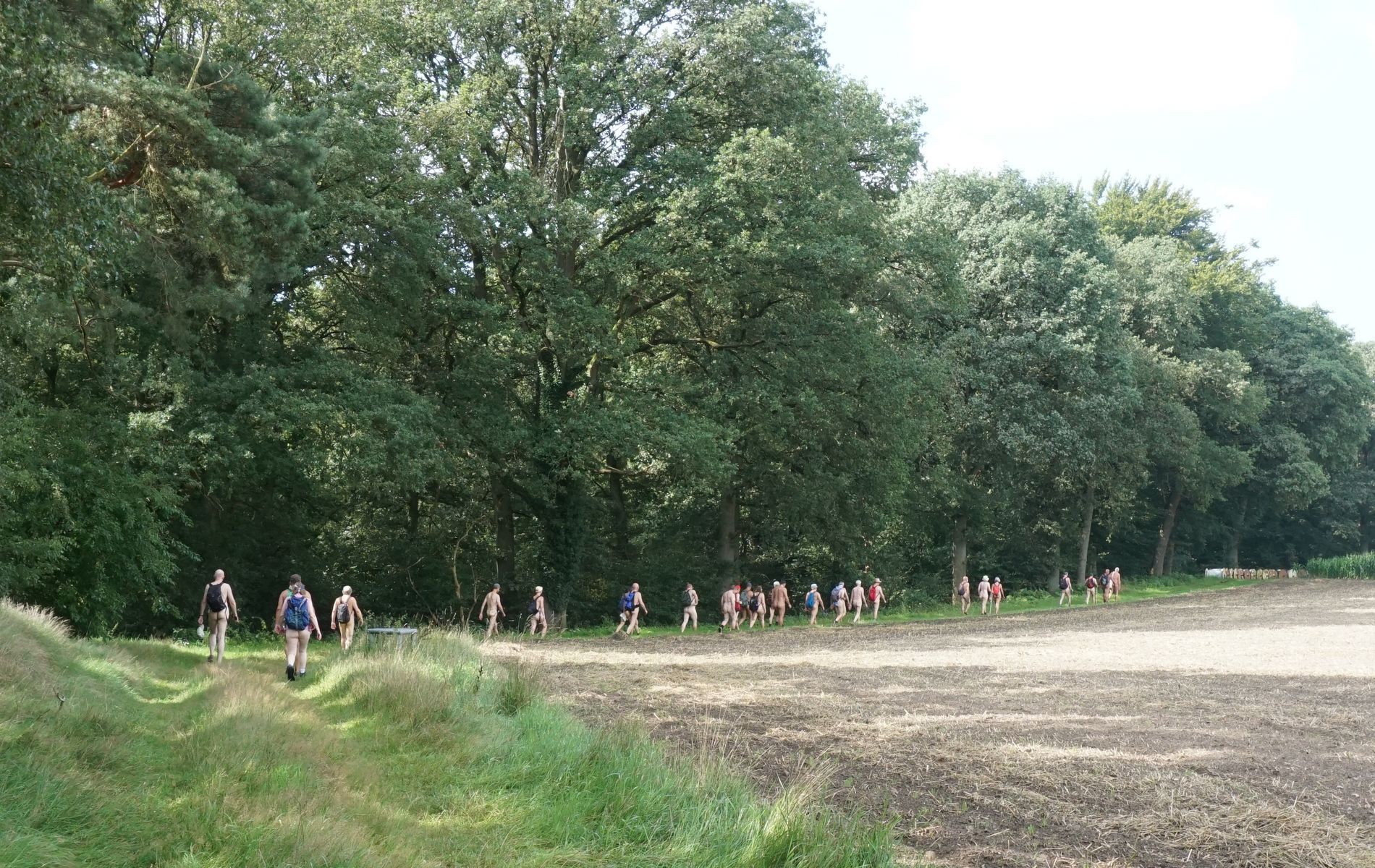 Naturisten wandern zwischen Waldrand und abgeernteten Feldern (So 6/8)