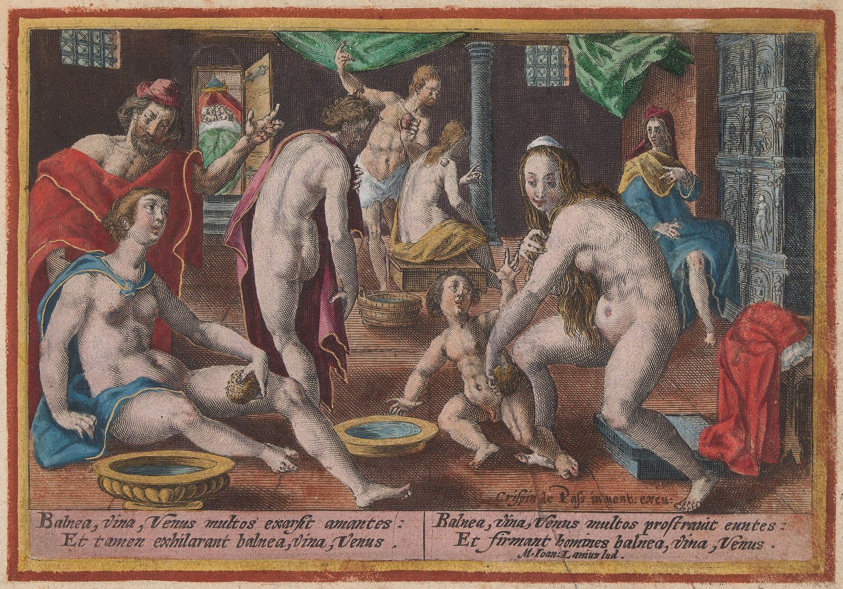 Die Szene aus dem Badehaus in Paris von 1671 wird in lateinischen Worten kommentiert: »Bäder, Wein und Venus brennen Liebende aus, und doch machen sie glücklich. Bäder, Wein und Venus lassen manchen straucheln und machen die Menschen doch stark.« Die Szene aus dem Badehaus in Paris von 1671 <!-- START: ConditionalContent -->wird in lateinischen Worten kommentiert: »Bäder, Wein und Venus brennen Liebende aus, und doch machen sie glücklich. Bäder, Wein und Venus lassen manchen straucheln und machen die Menschen doch stark.« Der Blick durch die kleine Tür ins Nachbarkabinett erklärt, wo die Venus ihre Aufgabe erfüllt.<!-- END: ConditionalContent --> Collection Koninklijke Bibliotheek. Public domain