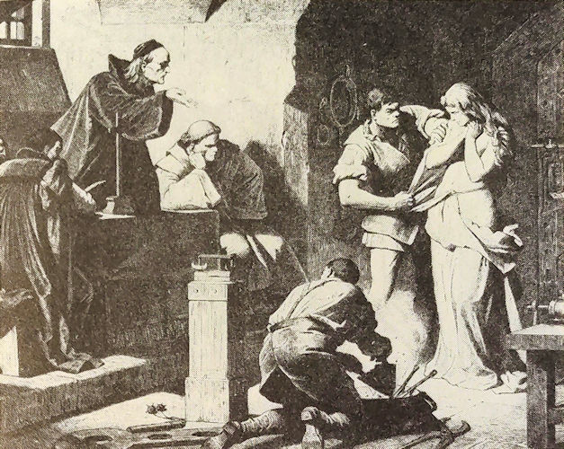 Während eines Inquisitions-Verhörs wird eine angebliche »Hexe« entkleidet. Der am Boden knieende Folterknecht hat bereits Zange und andere Folter-Utensilien bereit gelegt. Public Domain Während eines Inquisitions-Verhörs wird eine angebliche »Hexe« entkleidet.<!-- START: ConditionalContent --> Der am Boden knieende Folterknecht hat bereits Zange und andere Folter-Utensilien bereit gelegt. <!-- END: ConditionalContent -->Public Domain