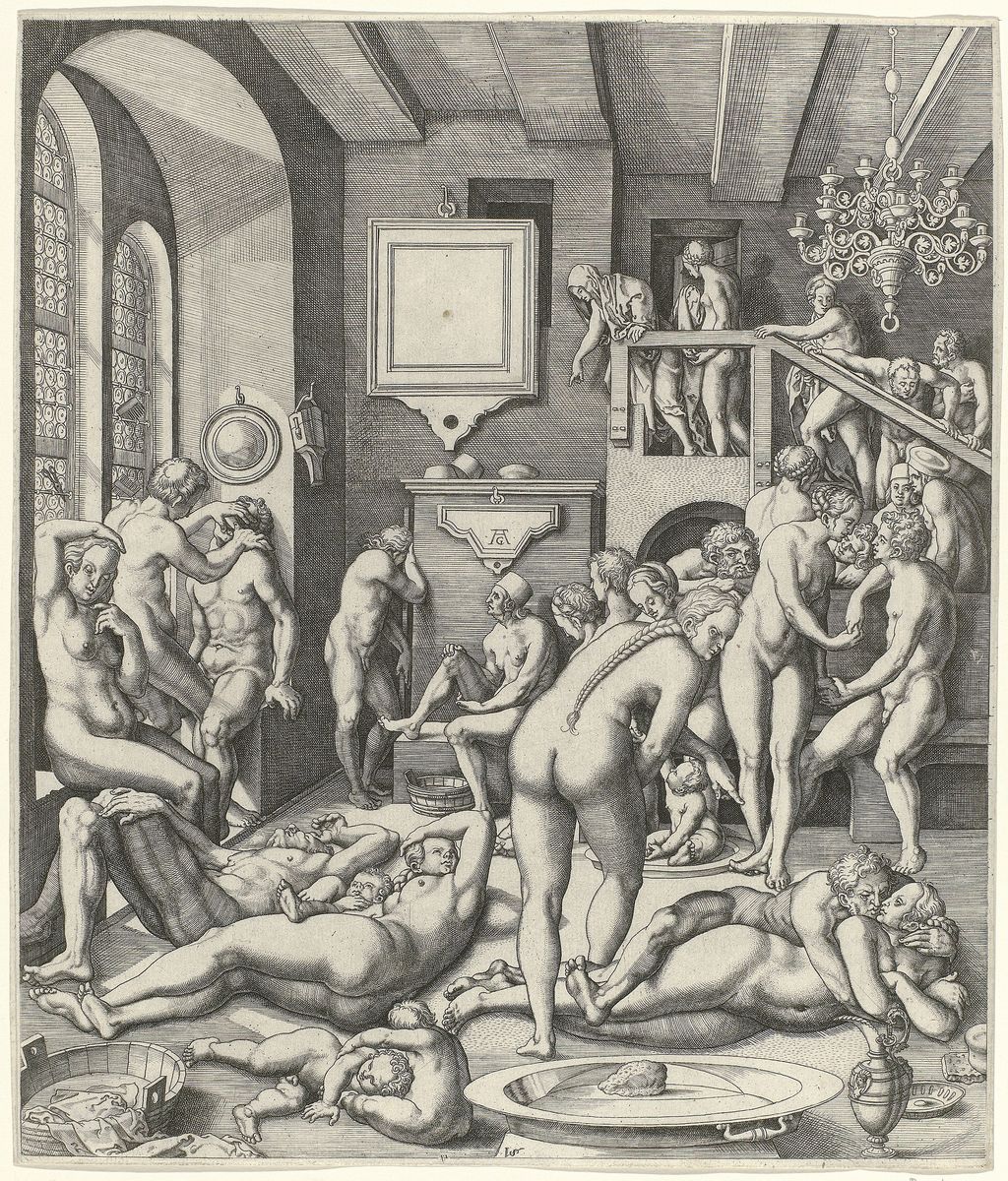 Der Kupferstich des Inneren eines Badehauses mit Männern und Frauen stammt von dem Künstler Allaert Claesz, der das bekannte Albrecht-Dürer-Monogramm »AD« mit »AC« kopiert. Entstehung zwischen 1534 und 1562. Rijksmuseum Amsterdam. Public domain Der Kupferstich des Inneren eines Badehauses mit Männern und Frauen stammt von dem Künstler Allaert Claesz<!-- START: ConditionalContent -->, der das bekannte Albrecht-Dürer-Monogramm »AD« mit »AC« kopiert. Entstehung zwischen 1534 und 1562<!-- END: ConditionalContent -->. Rijksmuseum Amsterdam. Public domain
