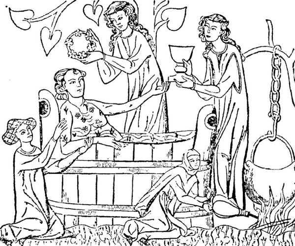 Bad im Holzzuber - Man wird bekränzt, Kräuter und Blumen aromatisieren das Badewasser, ein Kelch mit Getränk wird gereicht, bei Bedarf warmes Wasser nachgegossen - Verwöhnung als Willkommensgruß. Public Domain Bad im Holzzuber - Man wird bekränzt, Kräuter und Blumen aromatisieren das Badewasser<!-- START: ConditionalContent -->, ein Kelch mit Getränk wird gereicht, bei Bedarf warmes Wasser nachgegossen - Verwöhnung als Willkommensgruß<!-- END: ConditionalContent -->. Public Domain