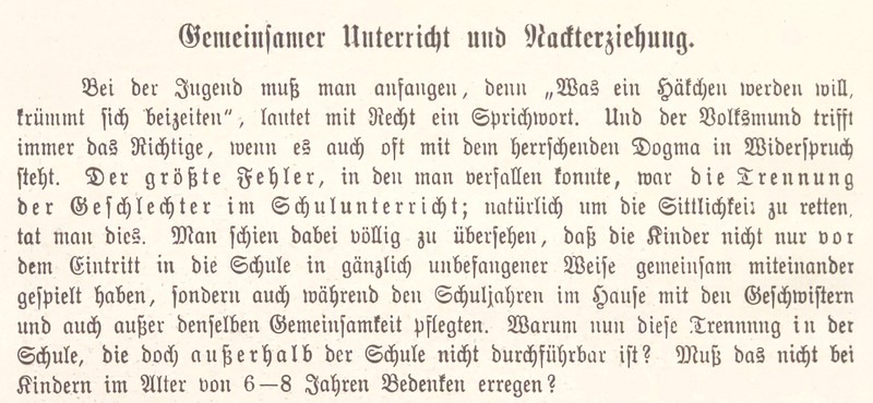 In seinem Buch »Nackt« plädiert Richard Ungewitter für gemeinsamen Schulunterricht für Jungen und Mädchen sowie Nackterziehung In seinem Buch »Nackt« plädiert Richard Ungewitter für gemeinsamen Schulunterricht für Jungen und Mädchen sowie Nackterziehung