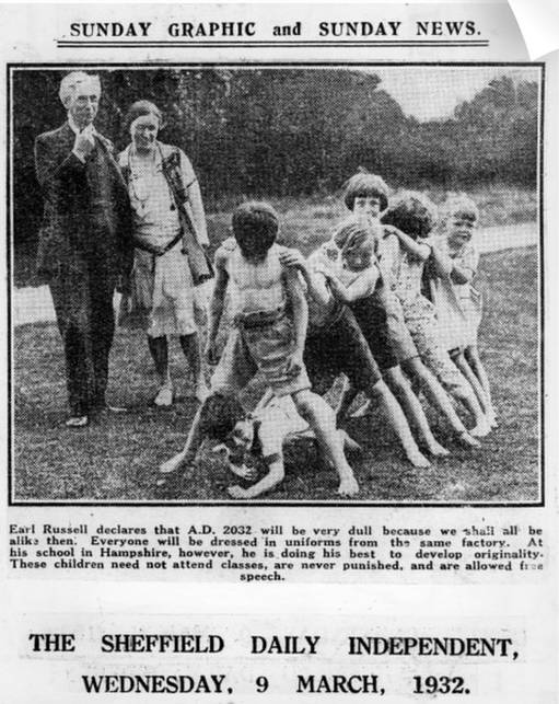 Zeitungsausschnitt 1932: Betrand Russel und Dora Black mit Schulkindern. Public Domain Zeitungsausschnitt 1932: Betrand Russell und Dora Black mit Schulkindern. Public Domain